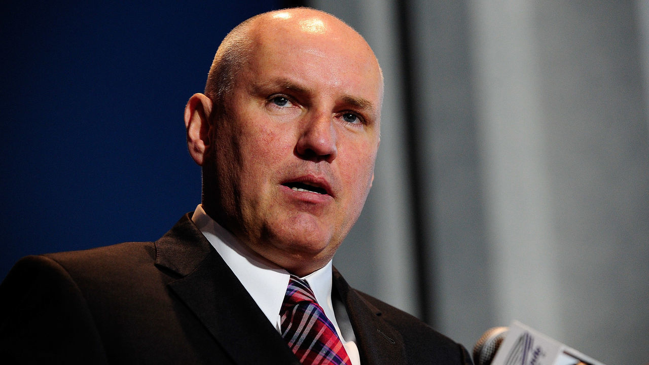 ST. LOUIS, MO - JANUARY 29: Doug Armstrong general manager of the St. Louis Blues talks at Martin Brodeurs retirement press conference at Scottrade Center on January 29, 2015 in St. Louis, Missouri.