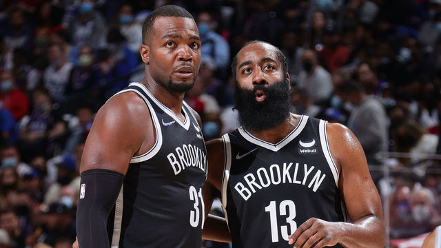PHILADELPHIA, PA - OCTOBER 22: Paul Millsap #31 and James Harden #13 of the Brooklyn Nets talk on court against the Philadelphia 76ers on October 22, 2021 at Wells Fargo Center in Philadelphia, Pennsylvania. NOTE TO USER: User expressly acknowledges and agrees that, by downloading and/or using this Photograph, user is consenting to the terms and conditions of the Getty Images License Agreement. Mandatory Copyright Notice: Copyright 2021 NBAE
