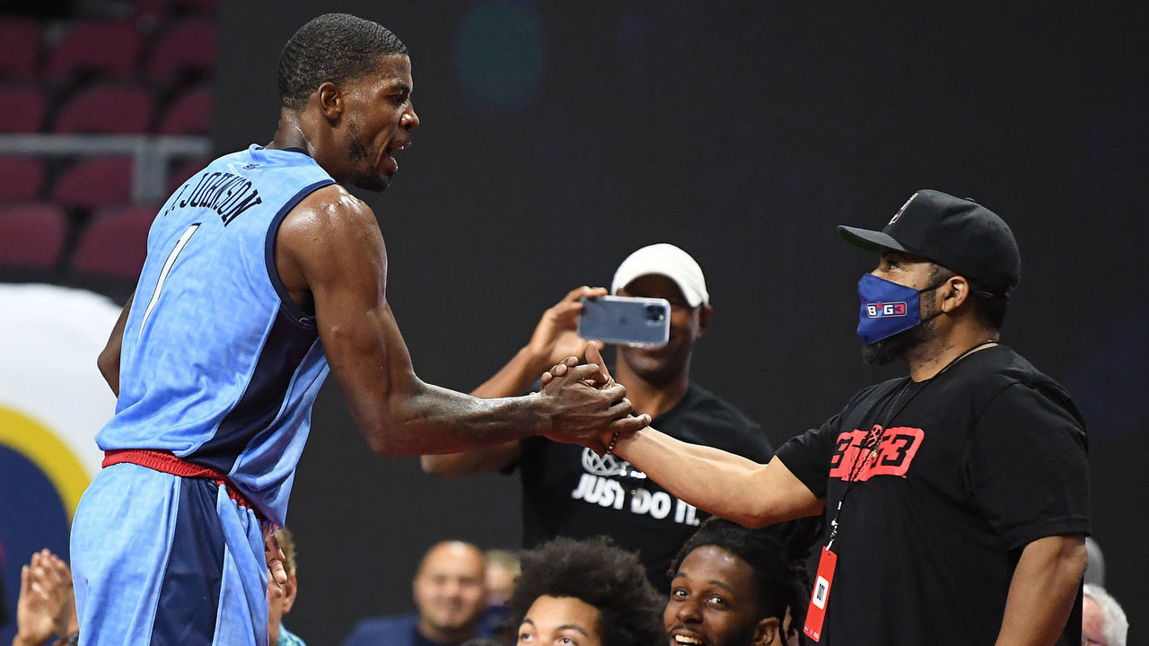 LAS VEGAS, NEVADA - JULY 17: Joe Johnson #1 of Triplets is congratulated by Ice Cube after hitting the game winning shot against the Power during the second week of the BIG3 at the Orleans Arena on July 17, 2021 in Las Vegas, Nevada.