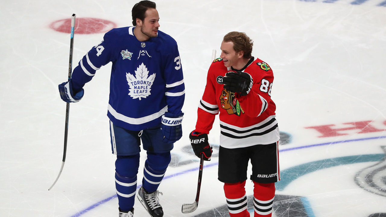 SAN JOSE, CA - JANUARY 25: Patrick Kane #88 of the Chicago Blackhawks and Auston Matthews #34 of the Toronto Maple Leafs share a laugh during warm-up prior to the 2019 SAP NHL All-Star Skills at SAP Center on January 25, 2019 in San Jose, California.