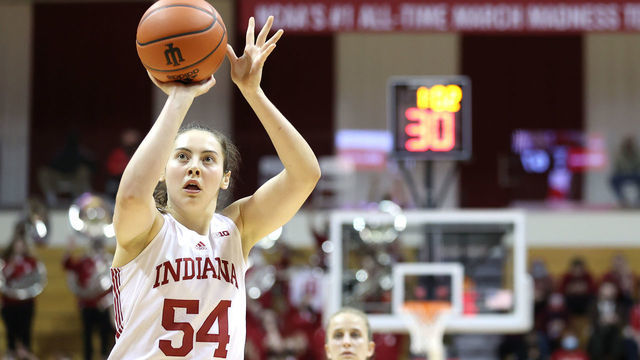 BLOOMINGTON, INDIANA - DECEMBER 09: Mackenzie Holmes #54 of the Indiana Hoosiers shoots the ball against the Fairfield Stags at Simon Skjodt Assembly Hall on December 09, 2021 in Bloomington, Indiana.