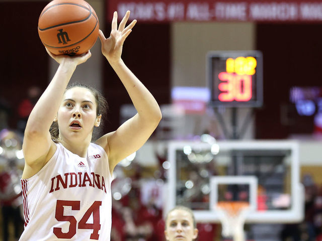 BLOOMINGTON, INDIANA - DECEMBER 09: Mackenzie Holmes #54 of the Indiana Hoosiers shoots the ball against the Fairfield Stags at Simon Skjodt Assembly Hall on December 09, 2021 in Bloomington, Indiana.