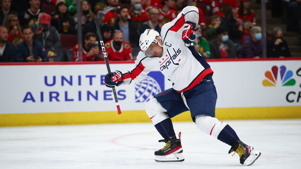 CHICAGO, IL - DECEMBER 15: Washington Capitals Left Wing Alex Ovechkin (8) celebrates after scoring a goal during a game between the Chicago Blackhawks and the Washington Capitals on December 15, 2021 at the United Center in Chicago, IL.
