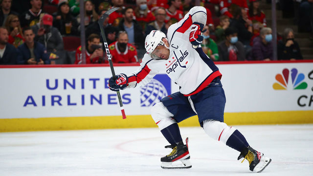 CHICAGO, IL - DECEMBER 15: Washington Capitals Left Wing Alex Ovechkin (8) celebrates after scoring a goal during a game between the Chicago Blackhawks and the Washington Capitals on December 15, 2021 at the United Center in Chicago, IL.