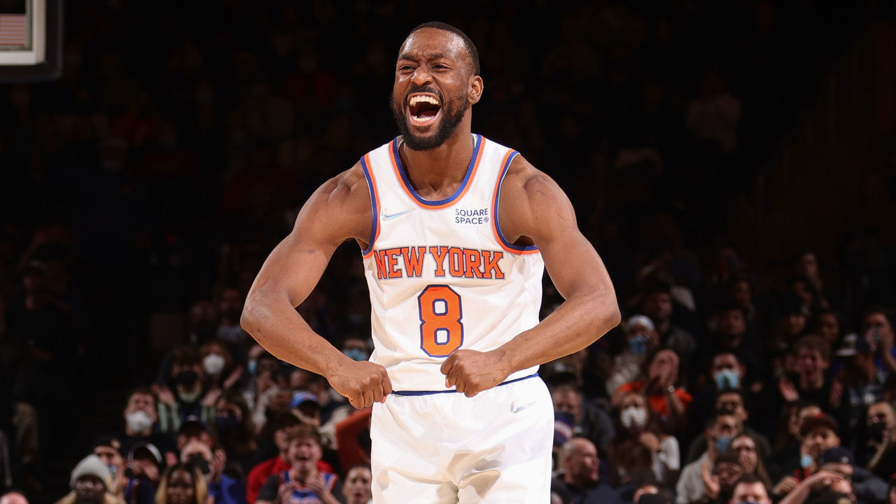 NEW YORK, NY - DECEMBER 23: Kemba Walker #8 of the New York Knicks celebrates during the game against the Washington Wizards on December 23, 2021 at Madison Square Garden in New York City, New York. Mandatory Copyright Notice: Copyright 2021 NBAE