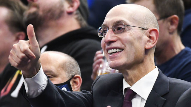 SALT LAKE CITY, UTAH - OCTOBER 20: NBA commissioner Adam Silver looks on during a game between the Utah Jazz and Oklahoma City Thunder at Vivint Smart Home Arena on October 20, 2021 in Salt Lake City, Utah.