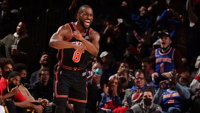 NEW YORK, NY - DECEMBER 25: Kemba Walker #8 of the New York Knicks celebrates during the game against the Atlanta Hawks on December 25, 2021 at Madison Square Garden in New York City, New York. Mandatory Copyright Notice: Copyright 2021 NBAE