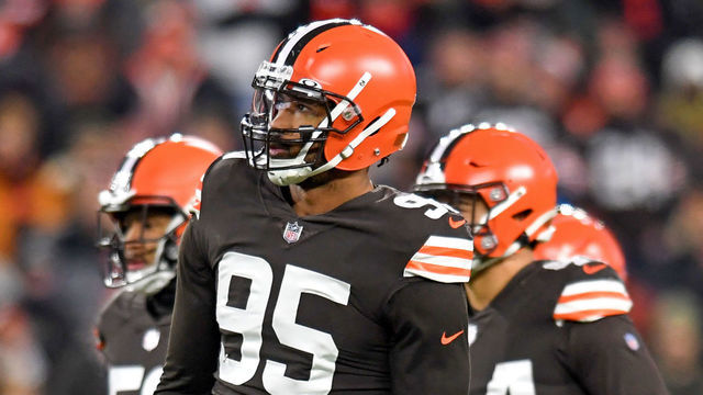 CLEVELAND, OH - DECEMBER 20: Myles Garrett #95 of the Cleveland Browns looks on during the first half against the Las Vegas Raiders at FirstEnergy Stadium in Cleveland, Ohio.