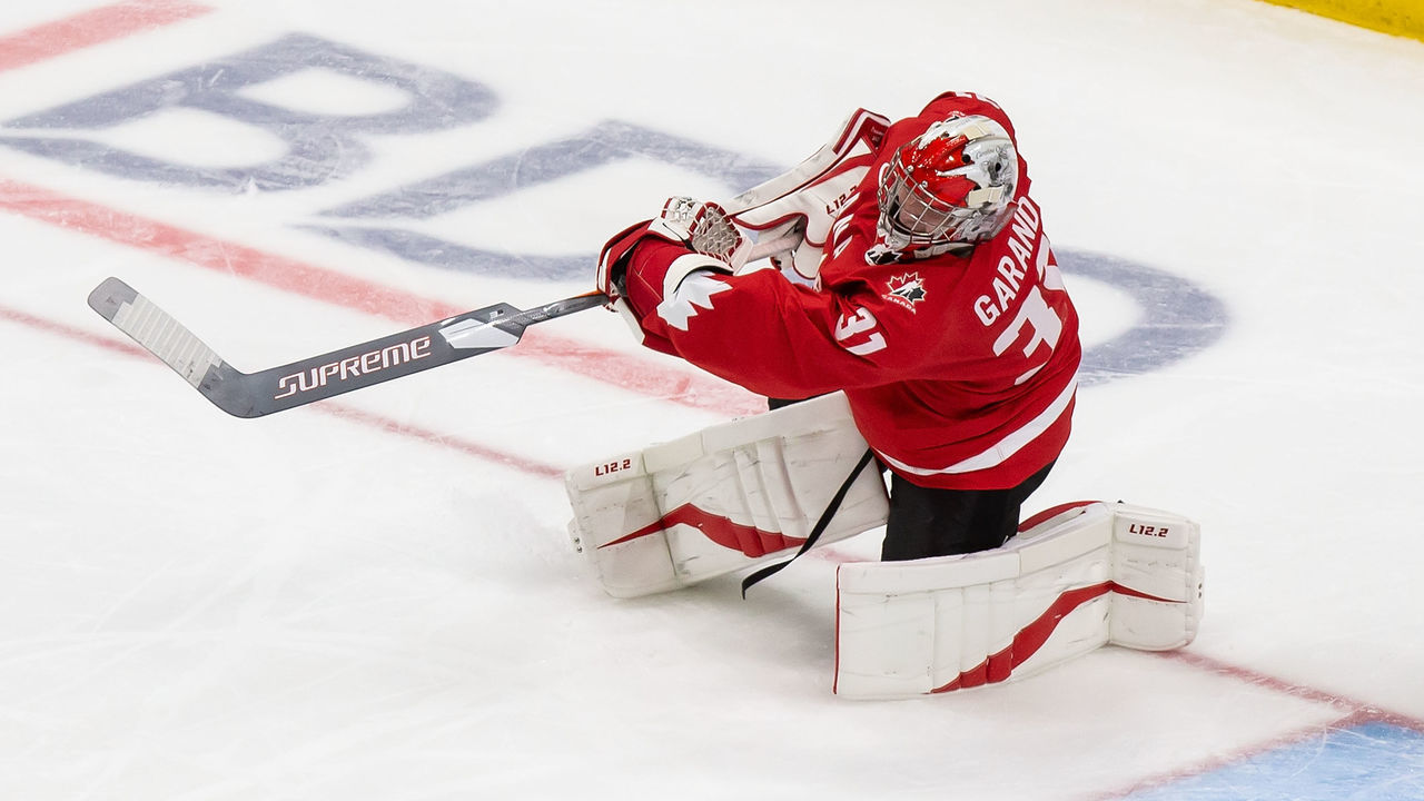 EDMONTON, AB - DECEMBER 26: Goaltender Dylan Garand #31 of Canada skates against Germany during the 2021 IIHF World Junior Championship at Rogers Place on December 26, 2020 in Edmonton, Canada.