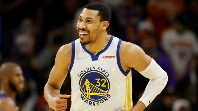 PHOENIX, ARIZONA - DECEMBER 25: Otto Porter Jr. #32 of the Golden State Warriors reacts after a three-point shot against the Phoenix Suns during the second half of NBA game at Footprint Center on December 25, 2021 in Phoenix, Arizona. The Warriors defeated the Suns 116-107.