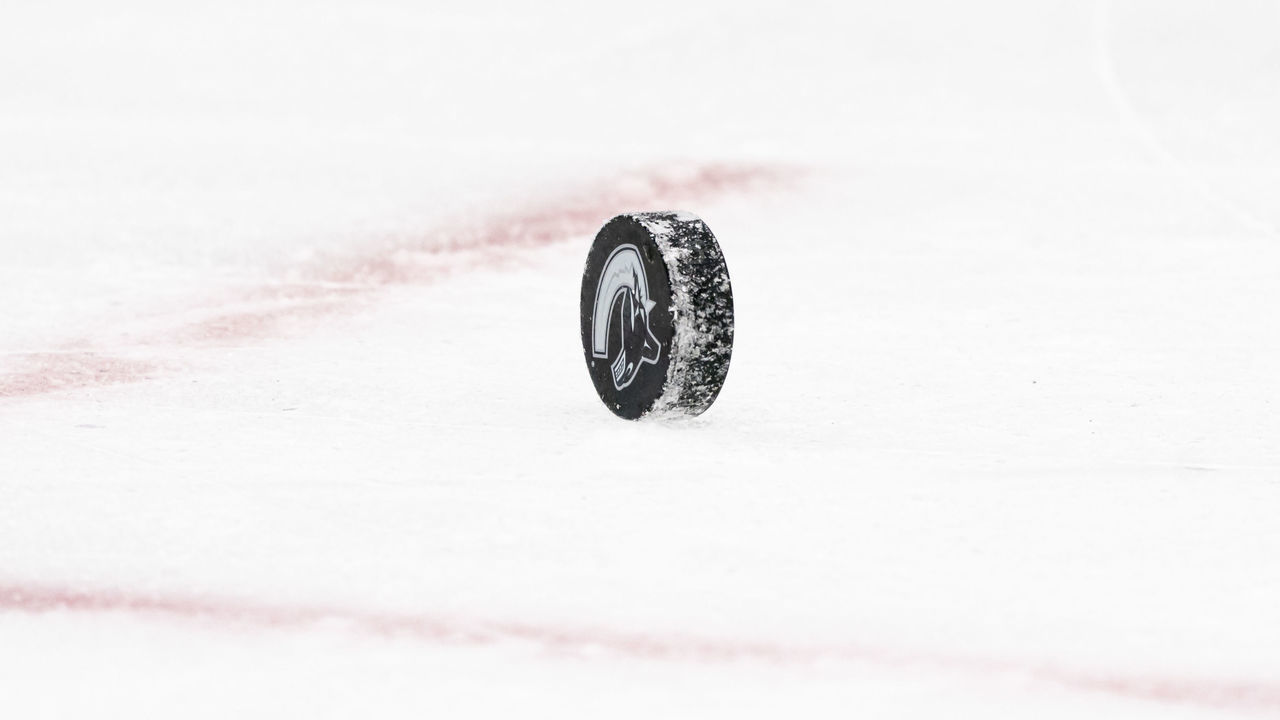 VANCOUVER, BC - JANUARY 27: A ice sits on the ice during NHL hockey action between the Vancouver Canucks and the Ottawa Senators at Rogers Arena on January 27, 2021 in Vancouver, Canada.