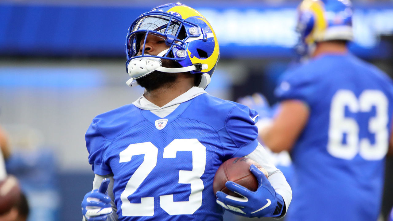 INGLEWOOD, CALIFORNIA - JUNE 10: Cam Akers #23 of the Los Angeles Rams runs with the ball during open practice at SoFi Stadium on June 10, 2021 in Inglewood, California.