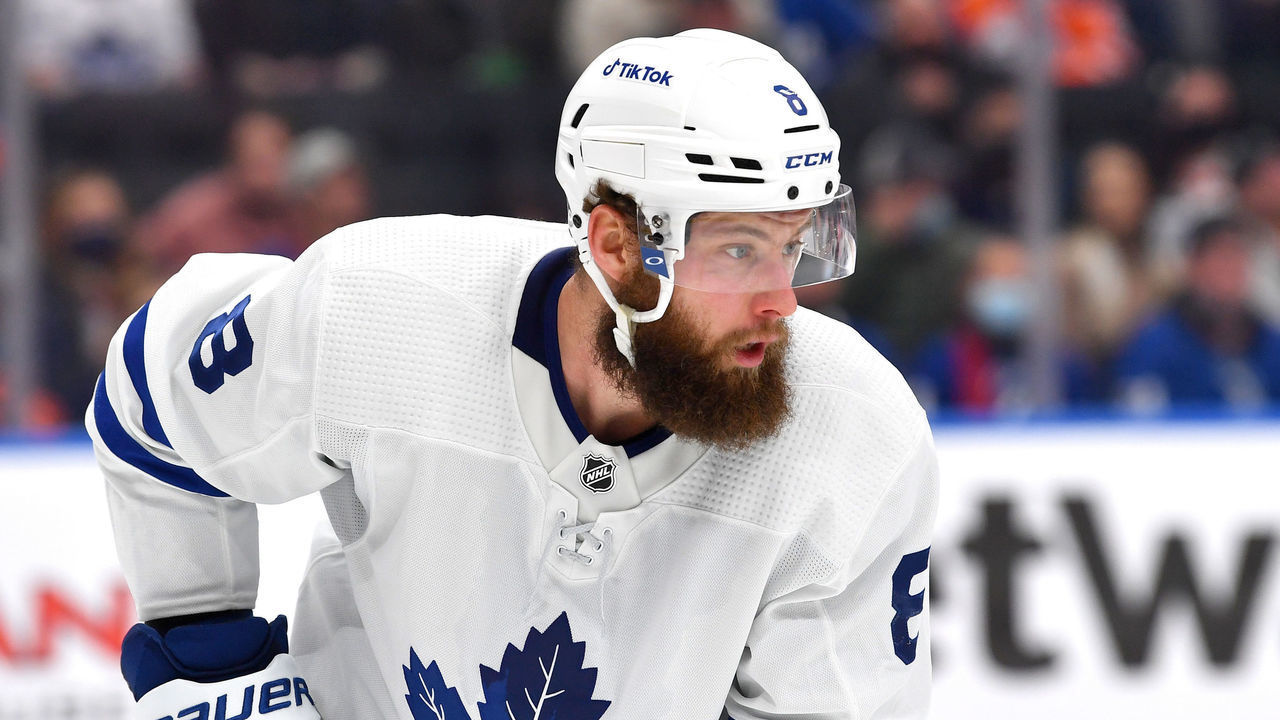 EDMONTON, AB - DECEMBER 14: Jake Muzzin #8 of the Toronto Maple Leafs awaits a face-off during the game against the Edmonton Oilers on December 14, 2021 at Rogers Place in Edmonton, Alberta, Canada.