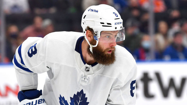 EDMONTON, AB - DECEMBER 14: Jake Muzzin #8 of the Toronto Maple Leafs awaits a face-off during the game against the Edmonton Oilers on December 14, 2021 at Rogers Place in Edmonton, Alberta, Canada.