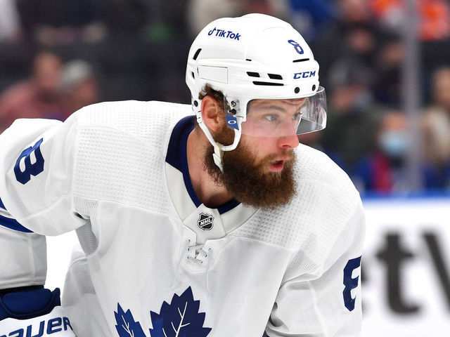 EDMONTON, AB - DECEMBER 14: Jake Muzzin #8 of the Toronto Maple Leafs awaits a face-off during the game against the Edmonton Oilers on December 14, 2021 at Rogers Place in Edmonton, Alberta, Canada.