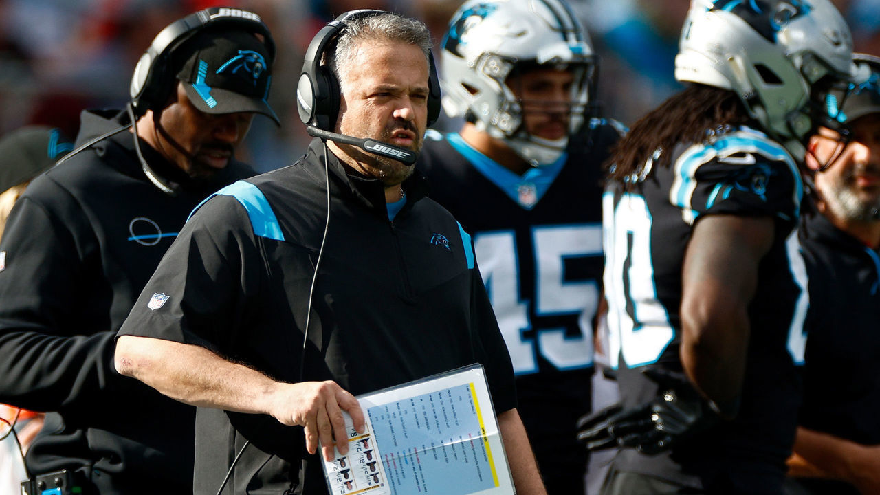 CHARLOTTE, NORTH CAROLINA - DECEMBER 26: Head coach Matt Rhule of the Carolina Panthers on the sidelines during the second quarter in the game against the Tampa Bay Buccaneers at Bank of America Stadium on December 26, 2021 in Charlotte, North Carolina.