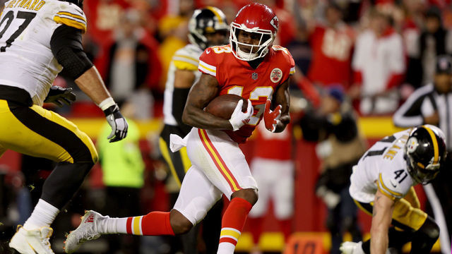 KANSAS CITY, MISSOURI - DECEMBER 26: Byron Pringle #13 of the Kansas City Chiefs runs the ball after a catch in for a touchdown during the third quarter in the game against the Pittsburgh Steelers at Arrowhead Stadium on December 26, 2021 in Kansas City, Missouri.
