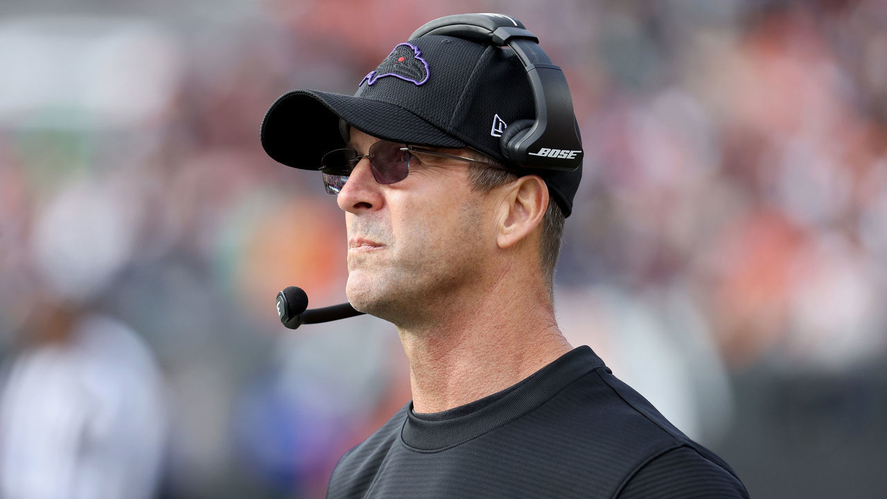 CINCINNATI, OHIO - DECEMBER 26: Head coach John Harbaugh of the Baltimore Ravens on the sidelines during the second quarter in the game against the Cincinnati Bengals at Paul Brown Stadium on December 26, 2021 in Cincinnati, Ohio.