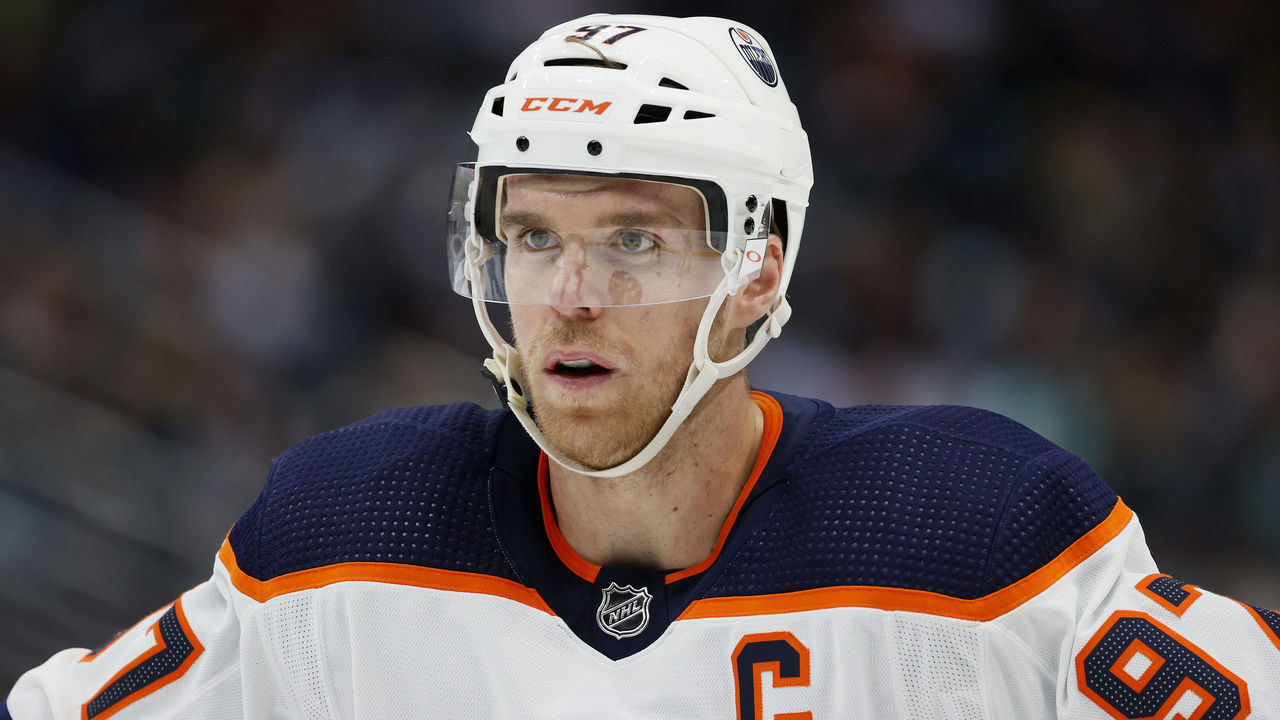SEATTLE, WASHINGTON - DECEMBER 18: Connor McDavid #97 of the Edmonton Oilers looks on against the Seattle Kraken during the third period at Climate Pledge Arena on December 18, 2021 in Seattle, Washington.