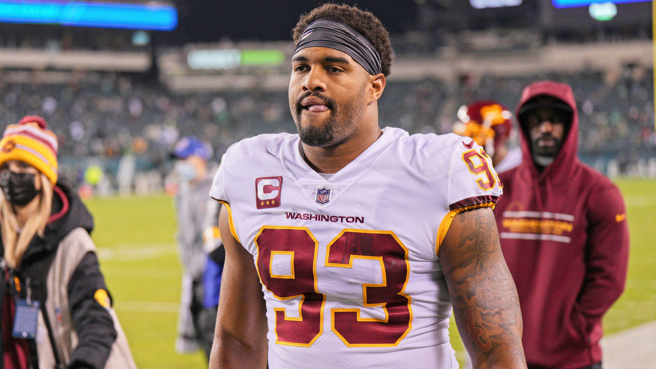 PHILADELPHIA, PA - DECEMBER 19: Washington Football Team defensive tackle Jonathan Allen (93) looks on during the game between the Washington Football Team and the Philadelphia Eagles on December 21, 2021 at Lincoln Financial Field in Philadelphia, PA.