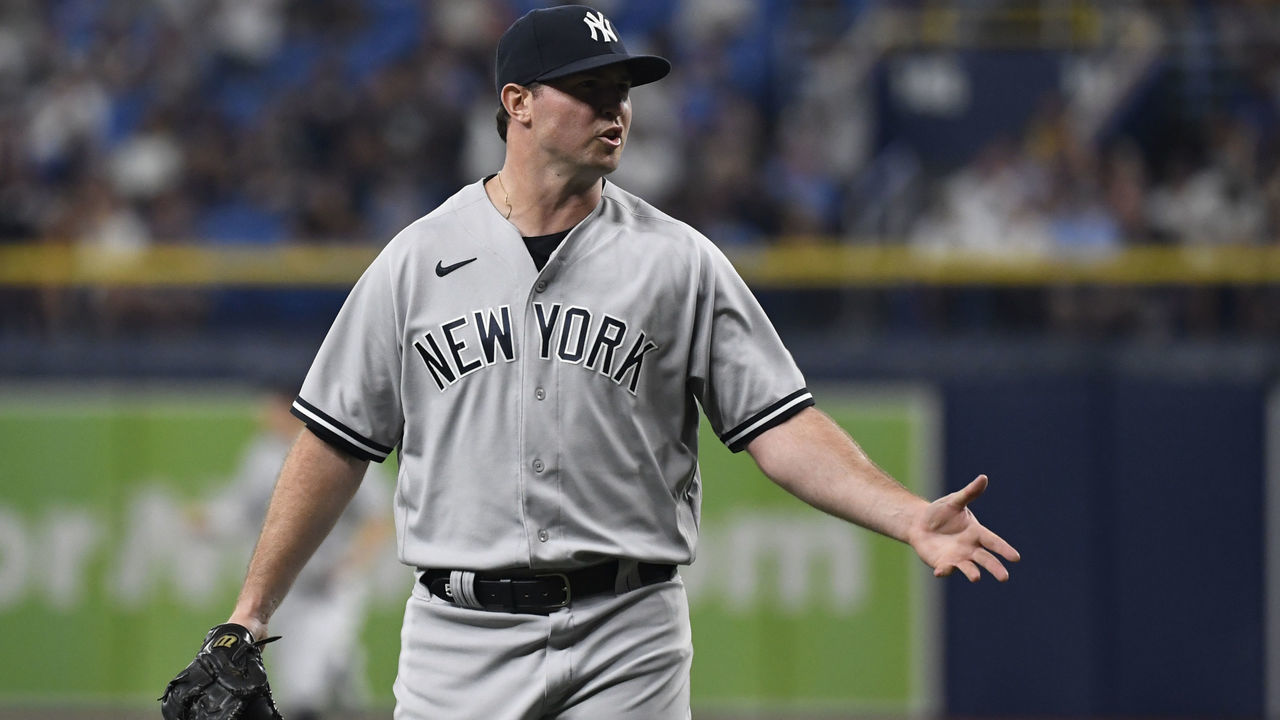 ST PETERSBURG, FLORIDA - JULY 27: Zack Britton #53 of the New York Yankees reacts during the eighth inning against the Tampa Bay Rays at Tropicana Field on July 27, 2021 in St Petersburg, Florida.