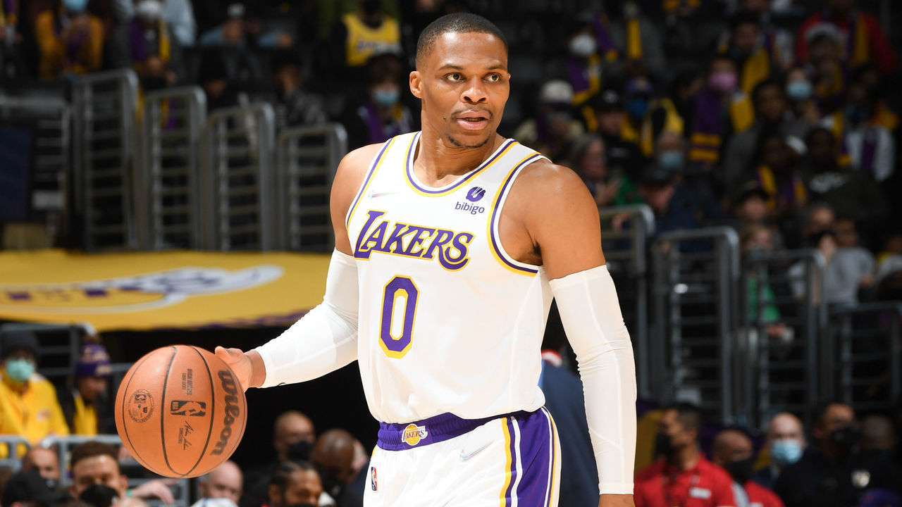 LOS ANGELES, CA - DECEMBER 25: Russell Westbrook #0 of the Los Angeles Lakers handles the ball during the game against the Brooklyn Nets on December 25, 2021 at Crypto.Com Arena in Los Angeles, California. NOTE TO USER: User expressly acknowledges and agrees that, by downloading and/or using this Photograph, user is consenting to the terms and conditions of the Getty Images License Agreement. Mandatory Copyright Notice: Copyright 2021 NBAE