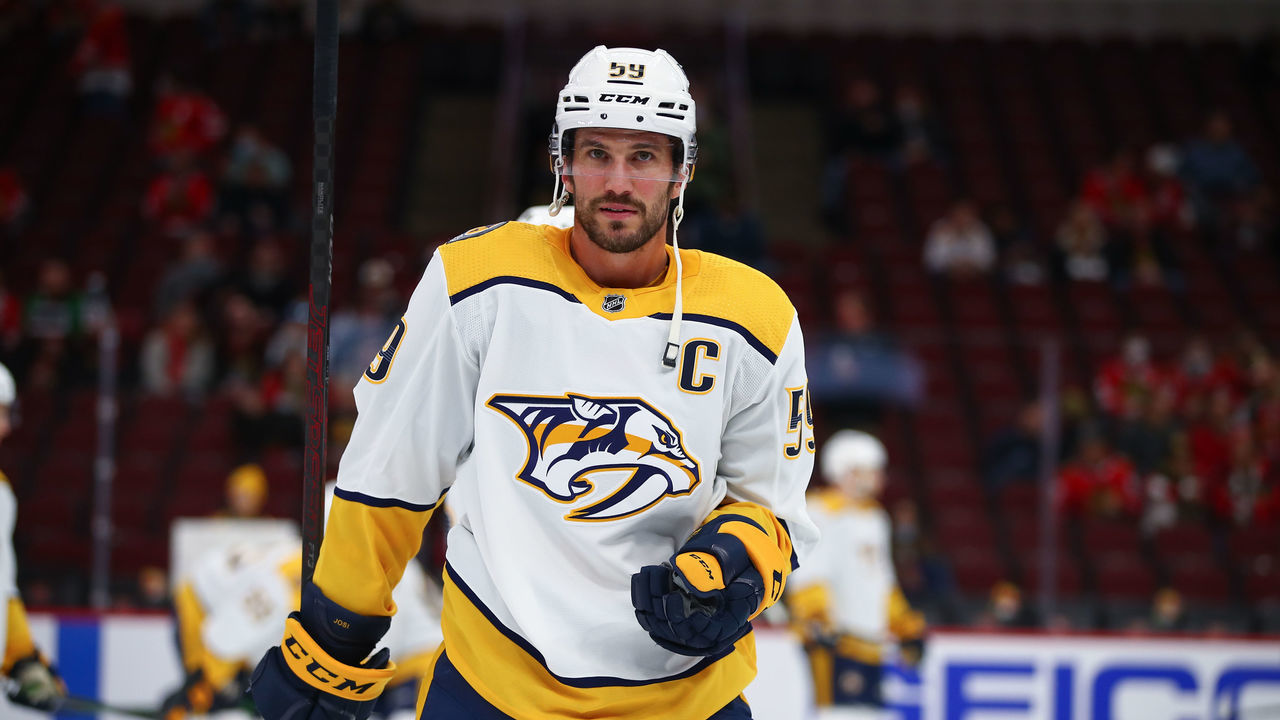 CHICAGO, IL - DECEMBER 17: Nashville Predators Defenceman Roman Josi (59) looks on during warm-ups before a game between the Chicago Blackhawks and the Nashville Predators on December 17, 2021 at the United Center in Chicago, IL.
