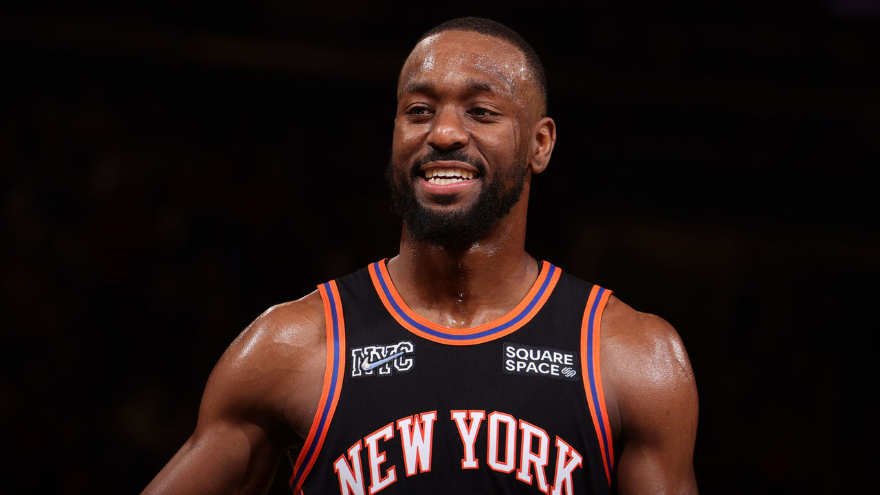 NEW YORK, NY - DECEMBER 25: Kemba Walker #8 of the New York Knicks smiles during the game against the Atlanta Hawks on December 25, 2021 at Madison Square Garden in New York City, New York. Mandatory Copyright Notice: Copyright 2021 NBAE