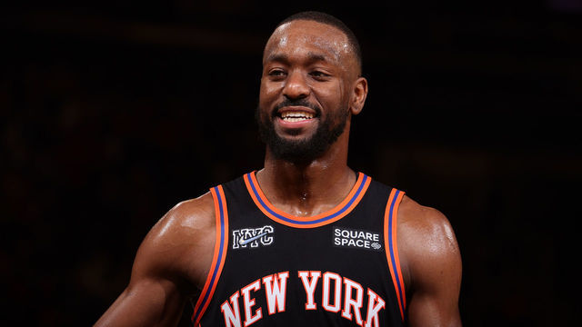 NEW YORK, NY - DECEMBER 25: Kemba Walker #8 of the New York Knicks smiles during the game against the Atlanta Hawks on December 25, 2021 at Madison Square Garden in New York City, New York. Mandatory Copyright Notice: Copyright 2021 NBAE