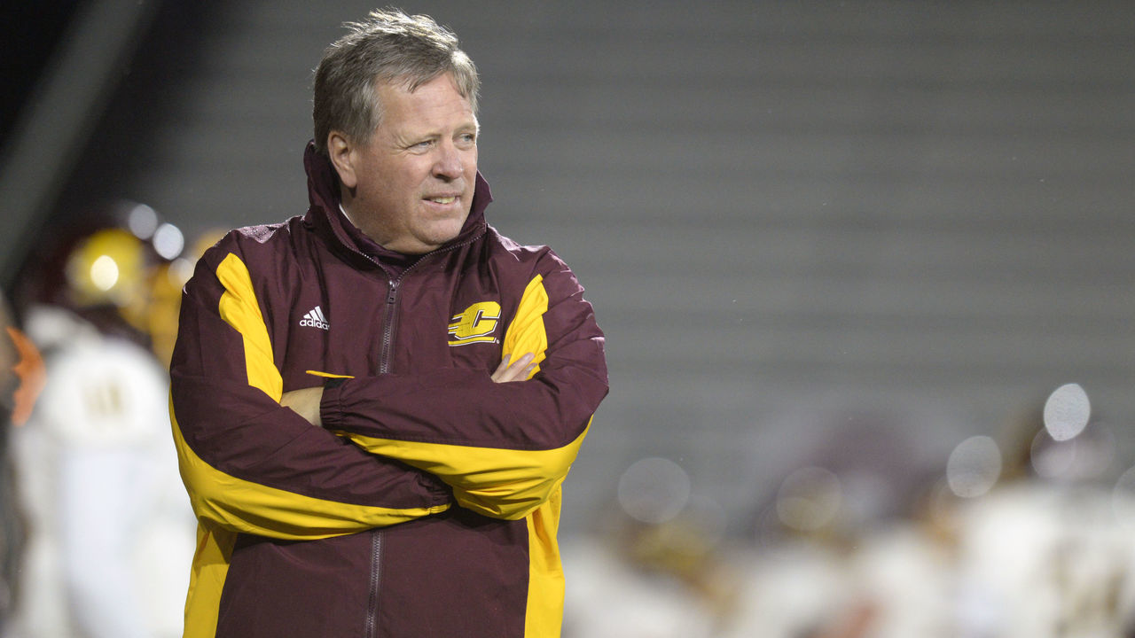 MUNCIE, IN - NOVEMBER 17: Central Michigan Chippewas head coach Jim McElwain looks on before the college football game between the Central Michigan Chippewas and the Ball State Cardinals on November 17, 2021, at Scheumann Stadium in Muncie, Indiana.