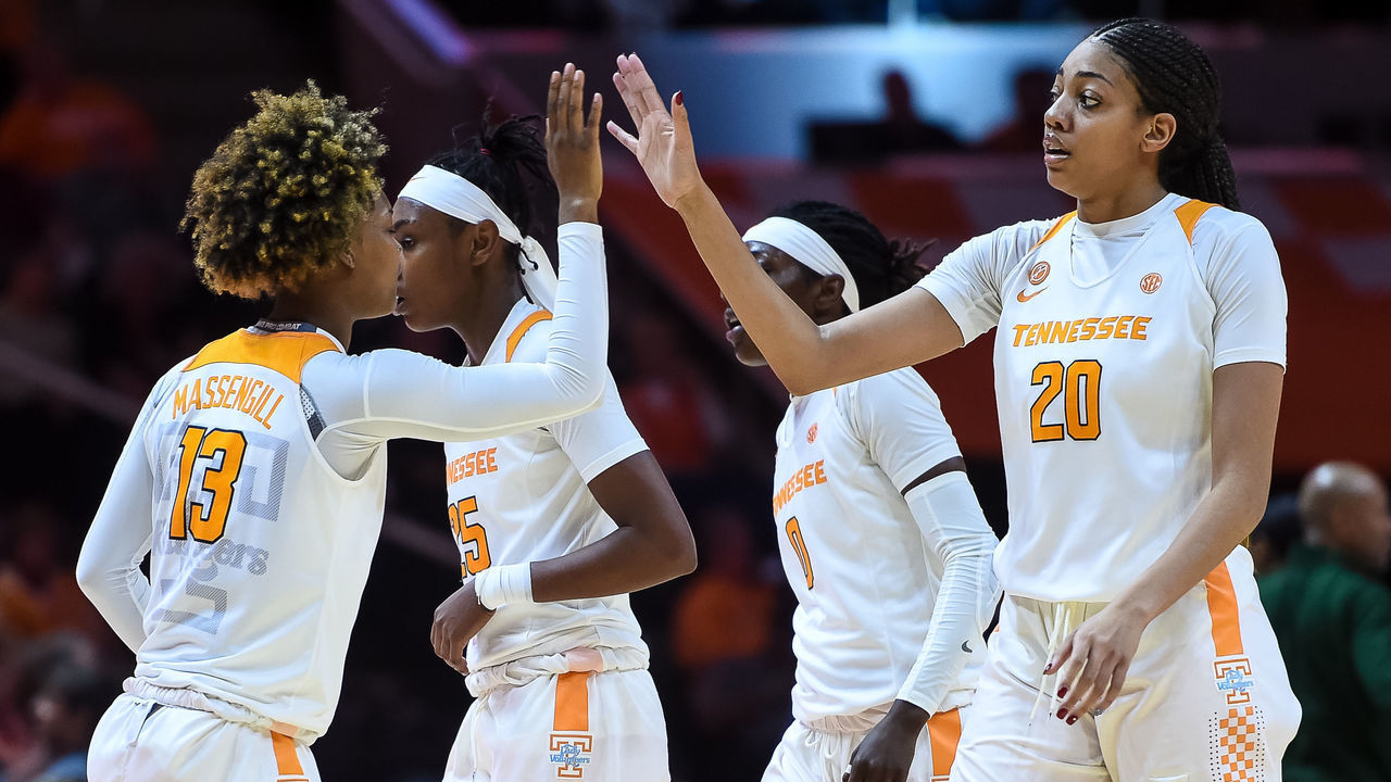 KNOXVILLE, TN - DECEMBER 11: Tennessee Lady Vols guard Jazmine Massengill (13) and center Tamari Key (20) celebrate during a college basketball game between the Tennessee Lady Vols and Colorado State Rams on December 11, 2019, at Thompson-Boling Arena in Knoxville, TN.