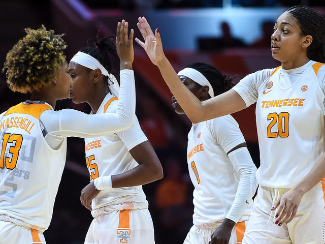 KNOXVILLE, TN - DECEMBER 11: Tennessee Lady Vols guard Jazmine Massengill (13) and center Tamari Key (20) celebrate during a college basketball game between the Tennessee Lady Vols and Colorado State Rams on December 11, 2019, at Thompson-Boling Arena in Knoxville, TN.