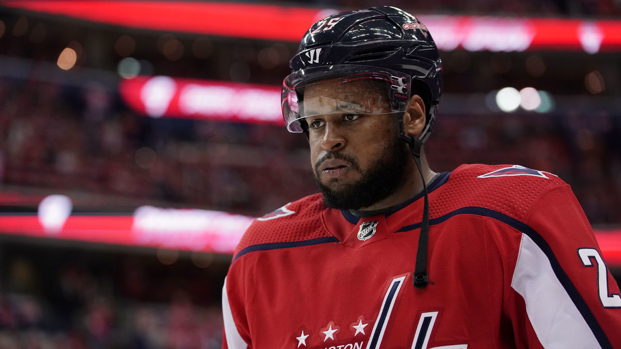 WASHINGTON, DC - APRIL 20: Devante Smith-Pelly #25 of the Washington Capitals warms up before playing against the Carolina Hurricanes in Game Five of the Eastern Conference First Round during the 2019 NHL Stanley Cup Playoffs at Capital One Arena on April 20, 2019 in Washington, DC.