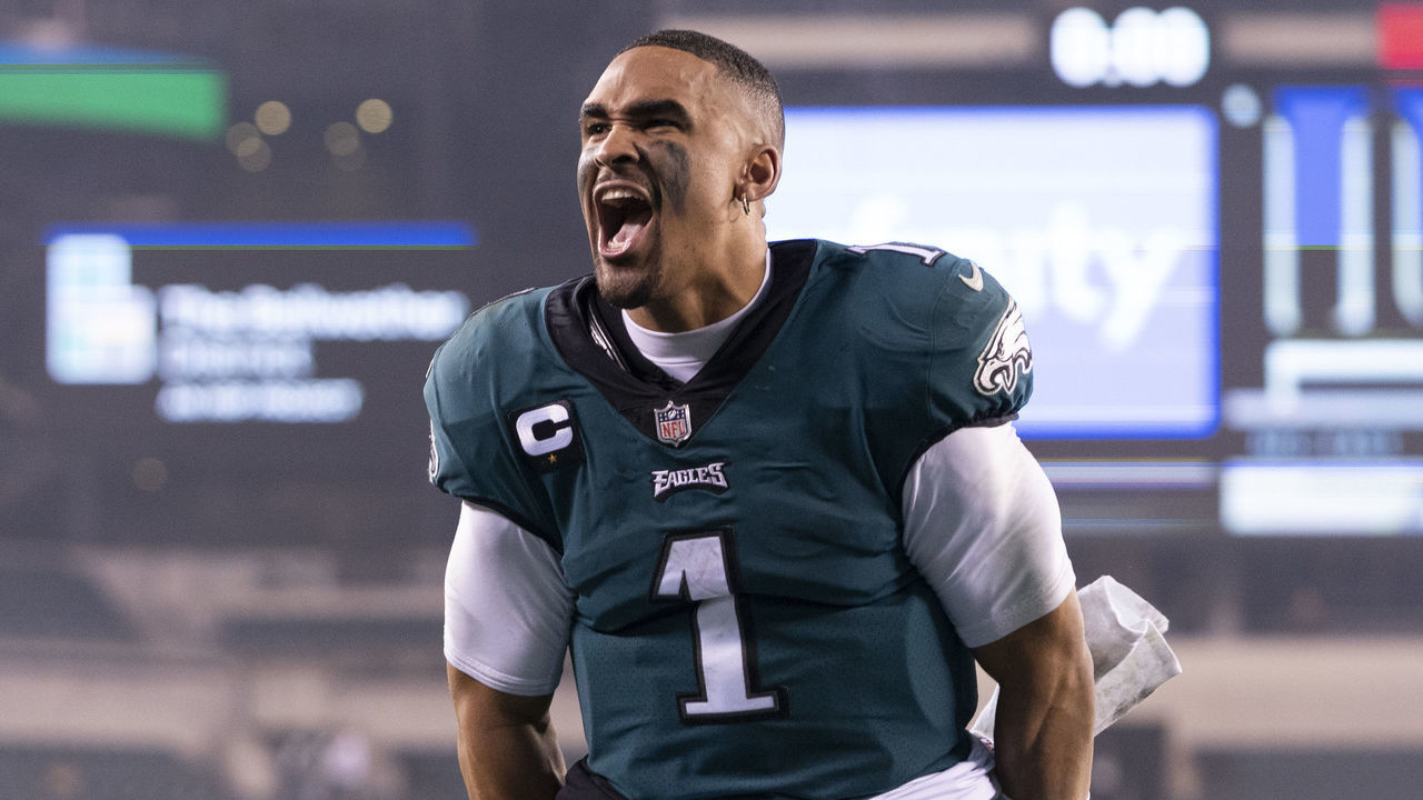 PHILADELPHIA, PA - DECEMBER 21: Jalen Hurts #1 of the Philadelphia Eagles reacts after the game against the Washington Football Team at Lincoln Financial Field on December 21, 2021 in Philadelphia, Pennsylvania.