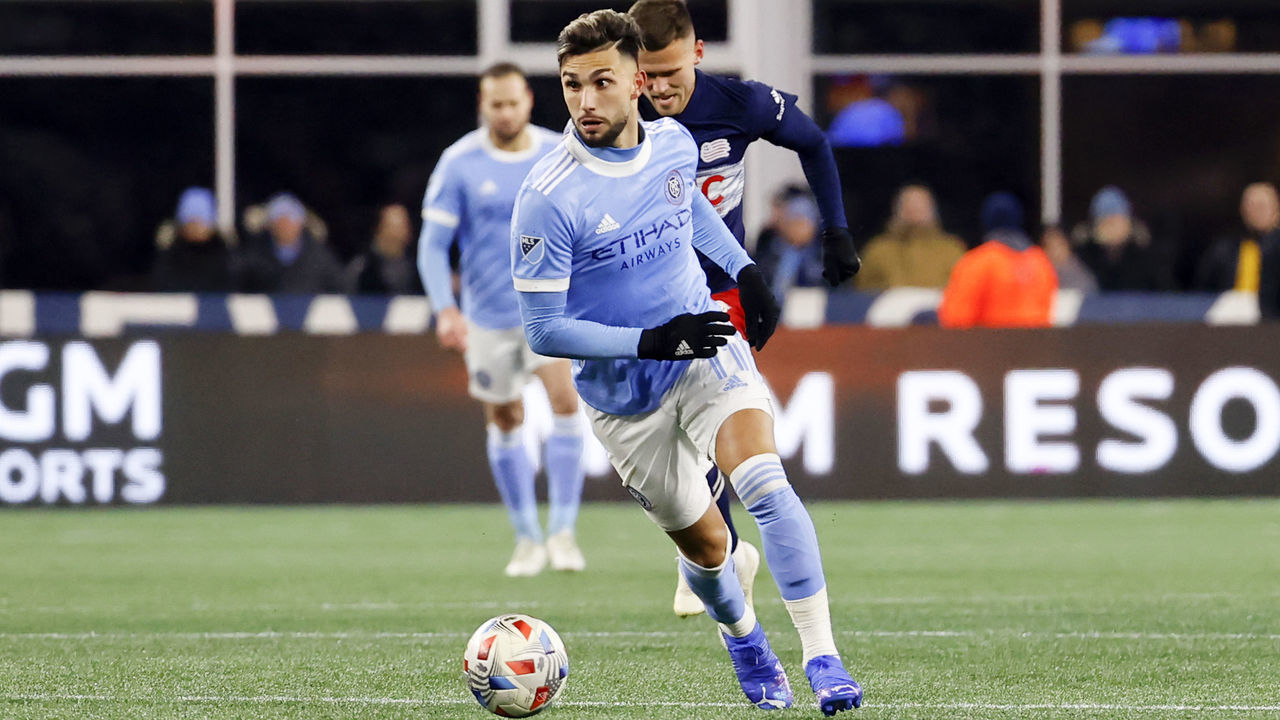 FOXBOROUGH, MA - NOVEMBER 30: New York City FC forward Valentin Castellanos (11) pushes forward during an Eastern Conference semi-final between the New England Revolution and New York City FC on November 30, 2021, at Gillette Stadium in Foxborough, Massachusetts.