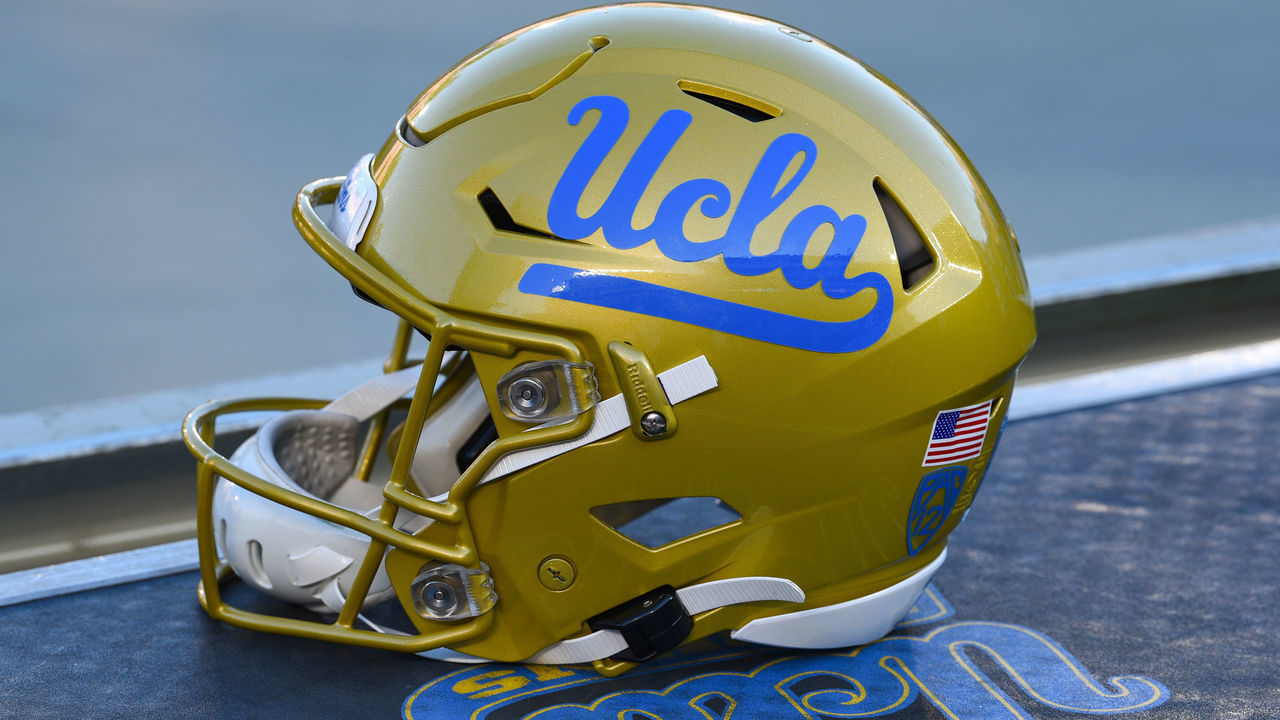 PASADENA, CA - SEPTEMBER 14: A UCLA helmet on the sidelines during the college football game between the Oklahoma Sooners and the UCLA Bruins on September 14, 2019, at Rose Bowl in Pasadena, CA.