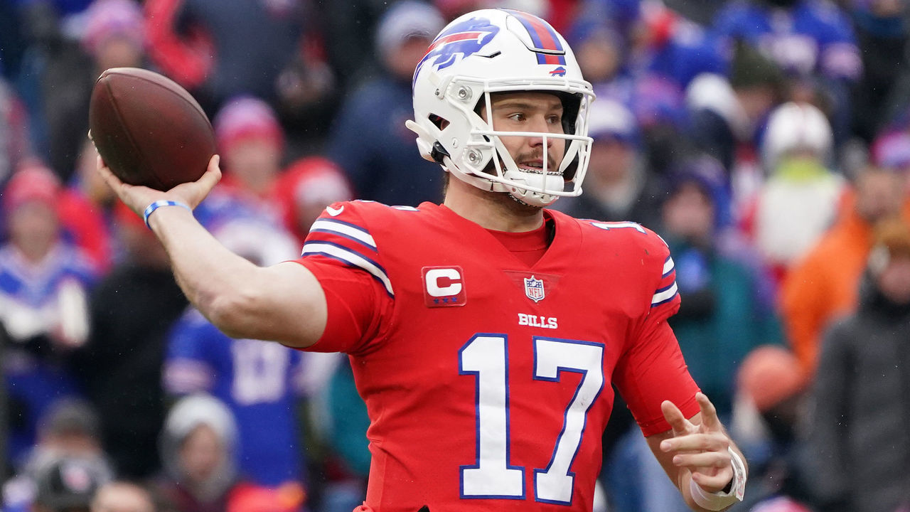 ORCHARD PARK, NEW YORK - DECEMBER 19: Josh Allen #17 of the Buffalo Bills during the game against the Carolina Panthers at Highmark Stadium on December 19, 2021 in Orchard Park, New York.