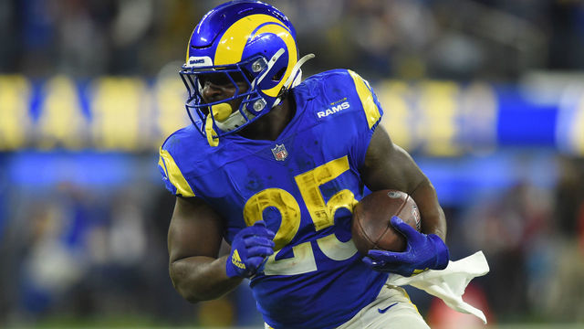 INGLEWOOD, CA - DECEMBER 21: Los Angeles Rams Running Back Sony Michel (25) runs the ball during an NFL game between the Seattle Seahawks and the Los Angeles Rams on December 21, 2021, at SoFi Stadium in Los Angeles, CA.