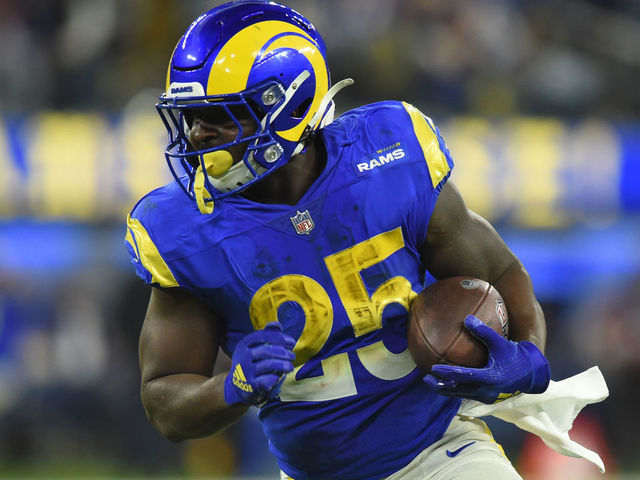 INGLEWOOD, CA - DECEMBER 21: Los Angeles Rams Running Back Sony Michel (25) runs the ball during an NFL game between the Seattle Seahawks and the Los Angeles Rams on December 21, 2021, at SoFi Stadium in Los Angeles, CA.