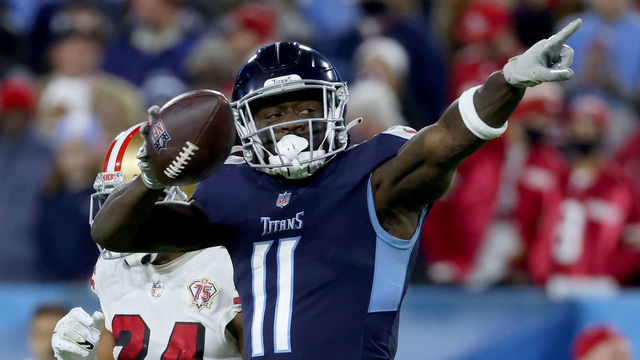 NASHVILLE, TENNESSEE - DECEMBER 23: A.J. Brown #11 of the Tennessee Titans reacts in the third quarter against the San Francisco 49ers at Nissan Stadium on December 23, 2021 in Nashville, Tennessee.