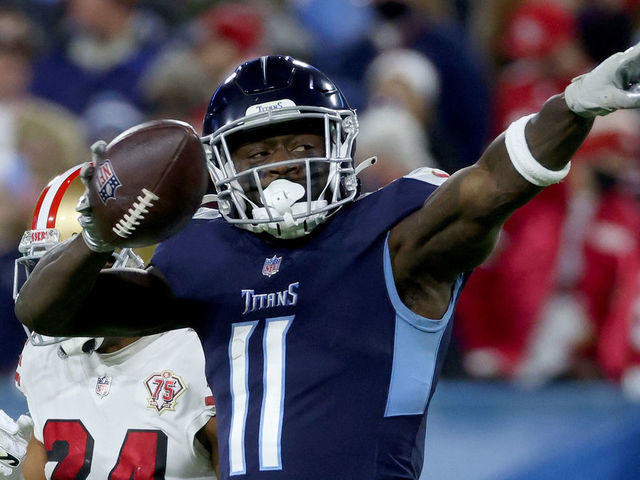 NASHVILLE, TENNESSEE - DECEMBER 23: A.J. Brown #11 of the Tennessee Titans reacts in the third quarter against the San Francisco 49ers at Nissan Stadium on December 23, 2021 in Nashville, Tennessee.