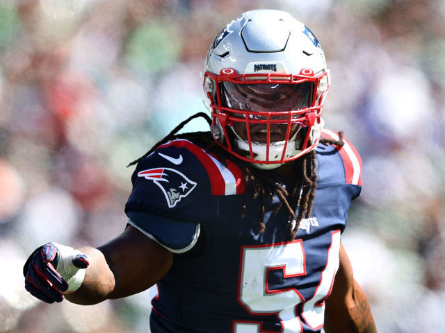 EAST RUTHERFORD, NEW JERSEY - SEPTEMBER 19: Linebacker Dont'a Hightower #54 of the New England Patriots reacts after making a defensive play in the second quarter of the game against the New York Jets at MetLife Stadium on September 19, 2021 in East Rutherford, New Jersey.