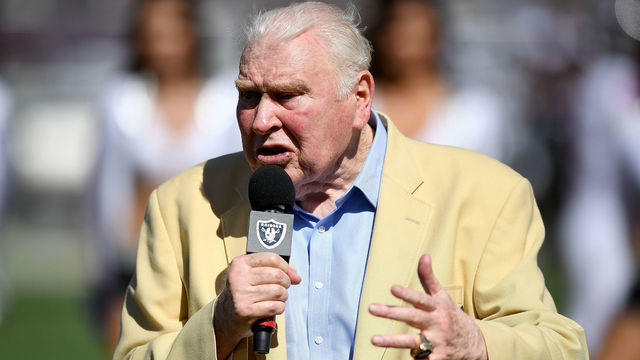 OAKLAND, CA - SEPTEMBER 18: Former Oakland Raiders head coach John Madden wearing his Hall of Fame Jacket speaks to the fans during the un vailing of the Hall of Fame busts for former Raider and teammate Ken Stabler at halftime of an NFL game between the Atlanta Falcons and Oakland Raiders at the Oakland-Alameda County Coliseum on September 18, 2016 in Oakland, California.
