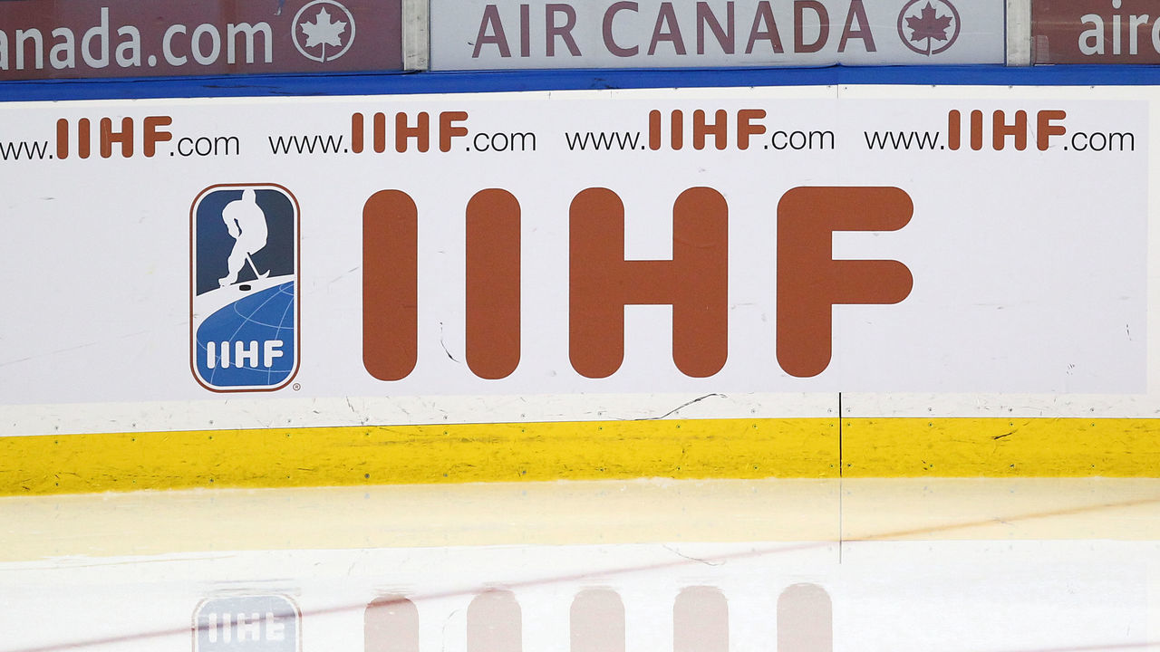 BUFFALO, NY - DECEMBER 31: The IIHF logo on the corner boards before the 2011 IIHF World U20 Championship game between Slovakia and Finland on December 31, 2010 at HSBC Arena in Buffalo, New York.