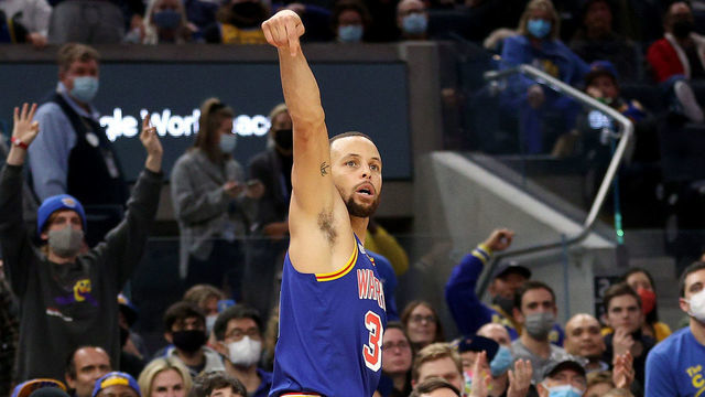 SAN FRANCISCO, CALIFORNIA - DECEMBER 28: Stephen Curry #30 of the Golden State Warriors watches his 3000th three-point basket go in the basket against the Denver Nuggets in the second half at Chase Center on December 28, 2021 in San Francisco, California. NOTE TO USER: User expressly acknowledges and agrees that, by downloading and/or using this photograph, User is consenting to the terms and conditions of the Getty Images License Agreement.
