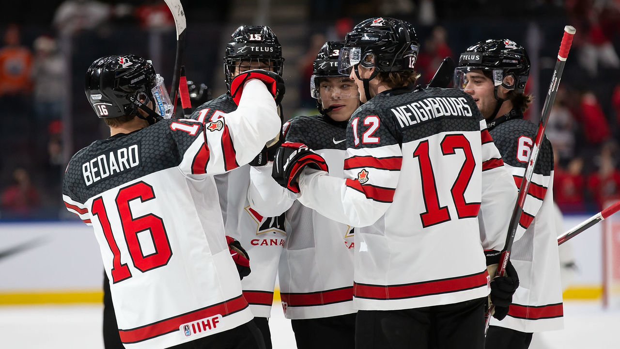 EDMONTON, AB - DECEMBER 26: Connor Bedard #16, Shane Wright #15, Olen Zellweger #3, Jake Neighbours #12 and Lukas Cormier #6 of Canada celebrate a goal against Czechia in the third period during the 2022 IIHF World Junior Championship at Rogers Place on December 26, 2021 in Edmonton, Canada.