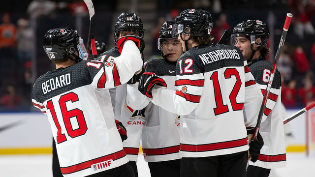 EDMONTON, AB - DECEMBER 26: Connor Bedard #16, Shane Wright #15, Olen Zellweger #3, Jake Neighbours #12 and Lukas Cormier #6 of Canada celebrate a goal against Czechia in the third period during the 2022 IIHF World Junior Championship at Rogers Place on December 26, 2021 in Edmonton, Canada.