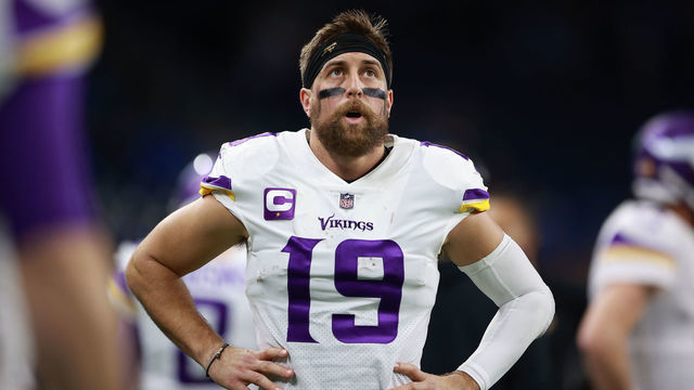 DETROIT, MICHIGAN - DECEMBER 05: Adam Thielen #19 of the Minnesota Vikings looks on from the sidelines in the first half against the Detroit Lions at Ford Field on December 05, 2021 in Detroit, Michigan.