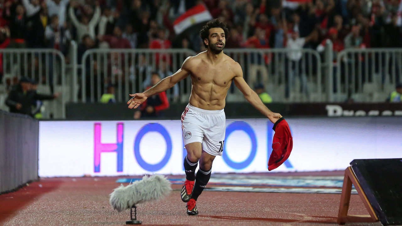 Egypts Mohamed Salah celebrates his goal during the Africa Cup of Nations qualifier match between Egypt and Tunis in Borg Al-Arab stadium in Alexandria, Egypt, on 16 November 2018 Egypts beat tunis 3-2.