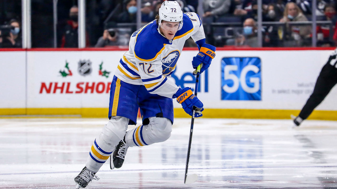 WINNIPEG, MB - DECEMBER 14: Tage Thompson #72 of the Buffalo Sabres plays the puck down the ice during second period action against the Winnipeg Jets at the Canada Life Centre on December 14, 2021 in Winnipeg, Manitoba, Canada.